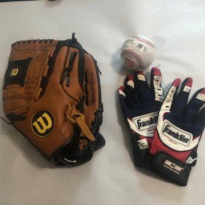 Adult Wilson 11.5 baseball glove, Franklin batting gloves, and Wilson baseball